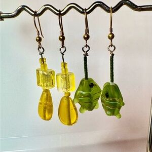 Earrings Bundle Pierced Handcrafted Unique 3 Yellow Glass Beads & Green Fish